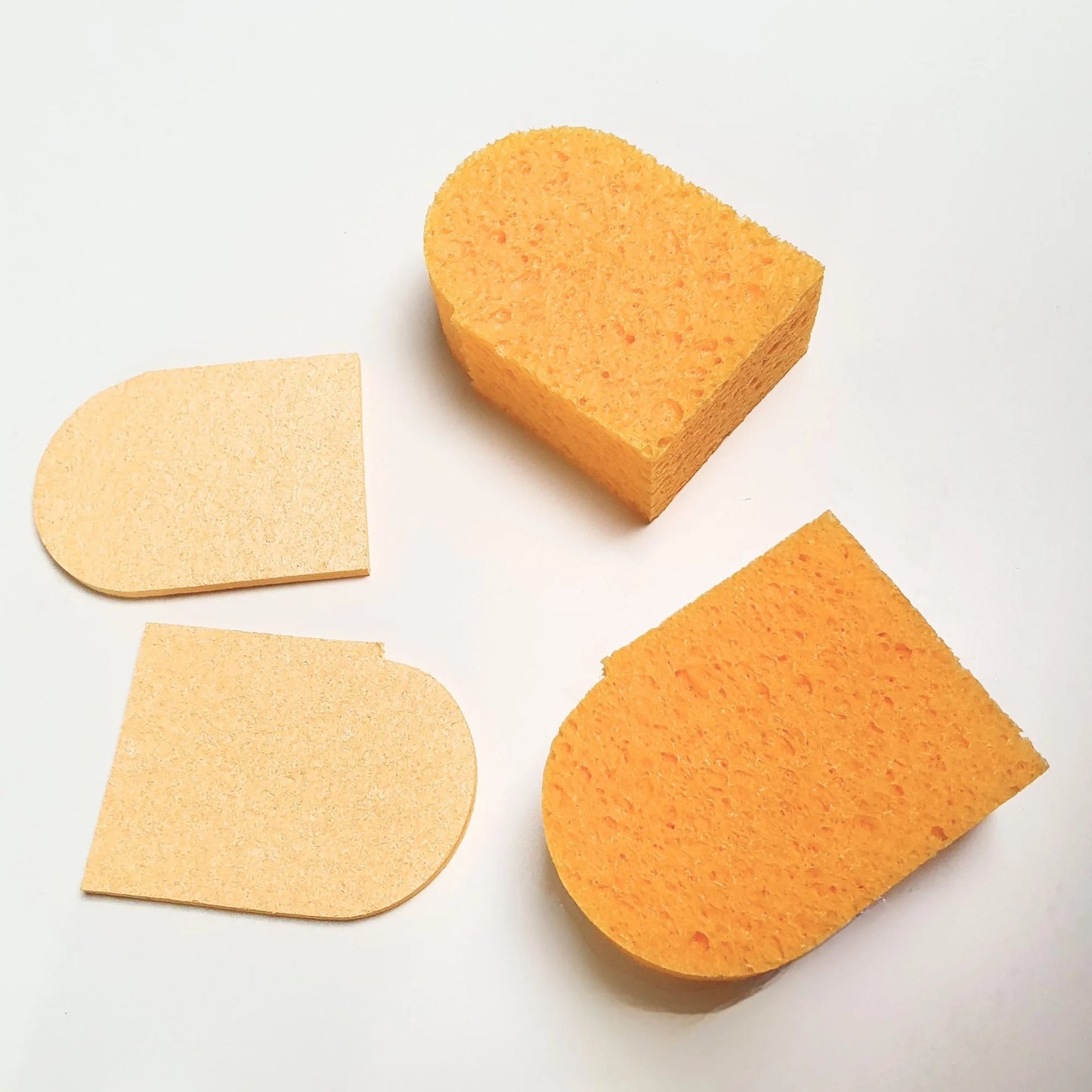 Pop-up Effekt bei Zellulose Schwamm: dünn und komprimiert und dicker Schwamm mit Wasser vollgesogen