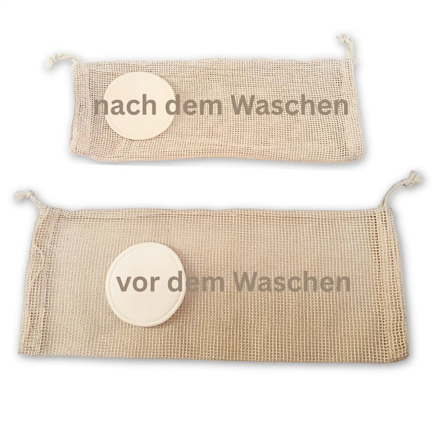 Tunnelzugbeutel aus Baumwolle vor und nach dem Waschen-Grössenvergleich