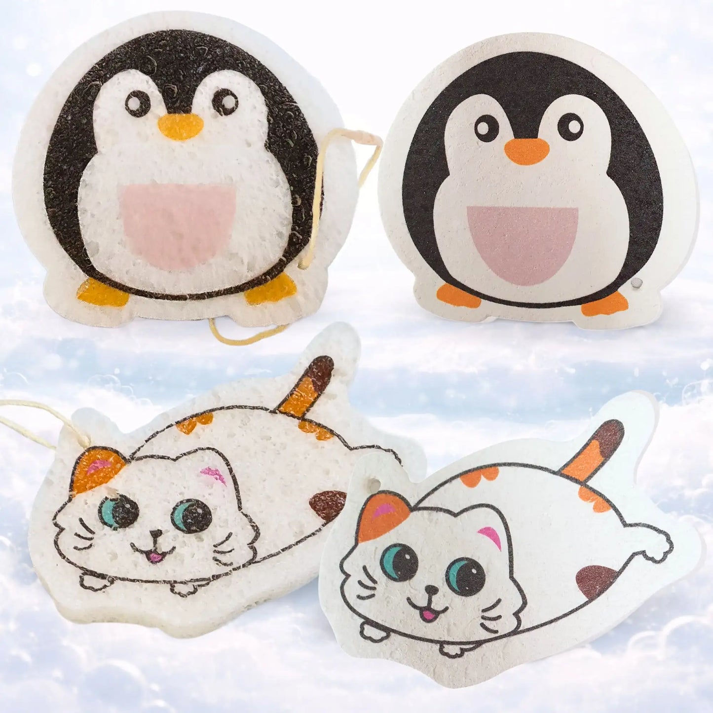 Kinderschwamm oder Badeschwamm Katze und Pinguin im 2er-Set, aufgepoppt und trocken