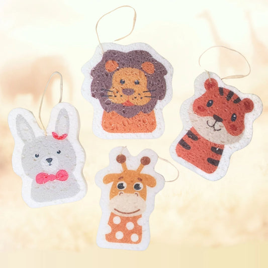 Kinderschwämme aus Zellulose: Hase Löwe Tiger Giraffe mit Aufhängekordeln