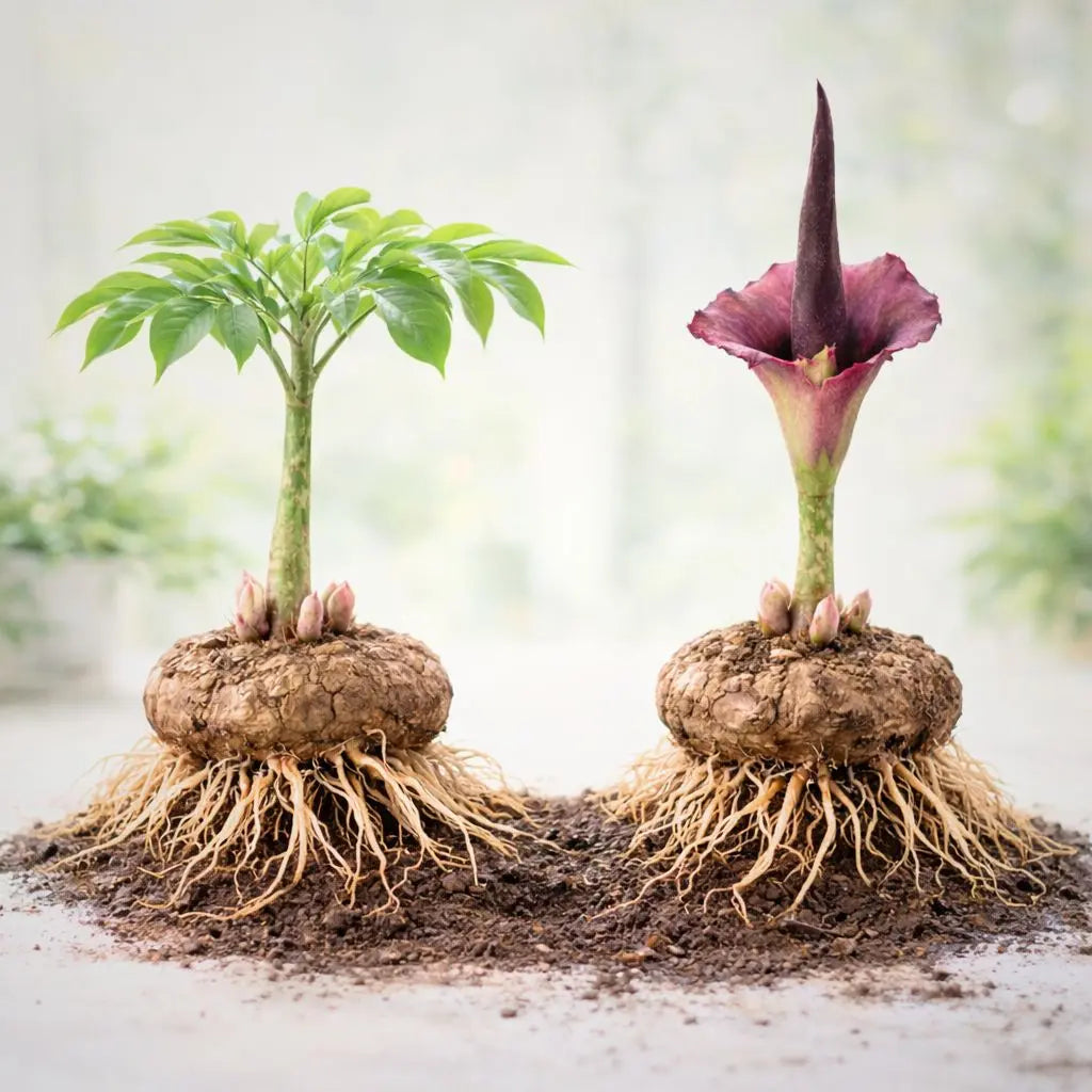 2 Konjacpflanzen mit Wurzeln, Blattwerk und Blüte