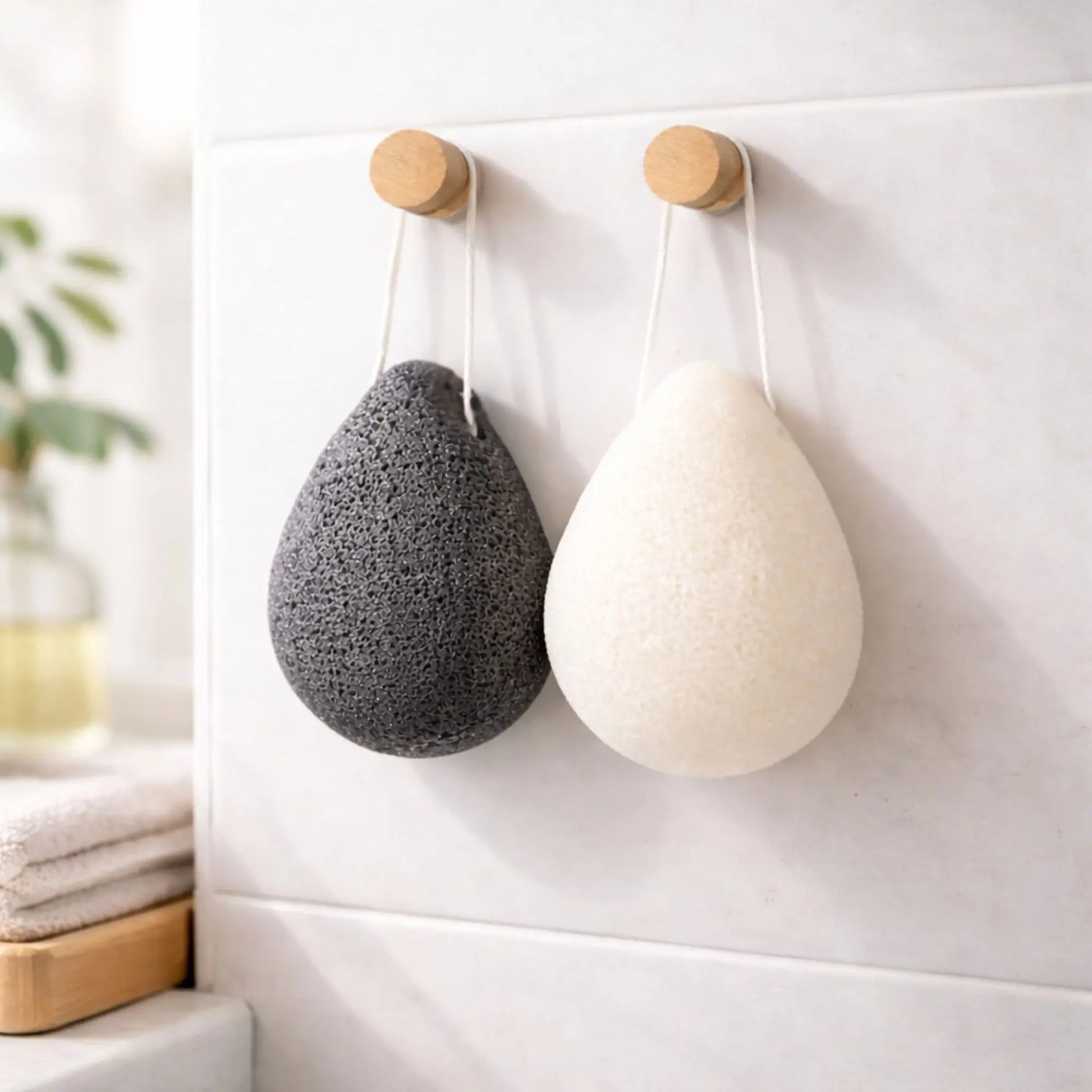 Konjacschwämme schwarz und weiss in Tropfenform hängen im Bad