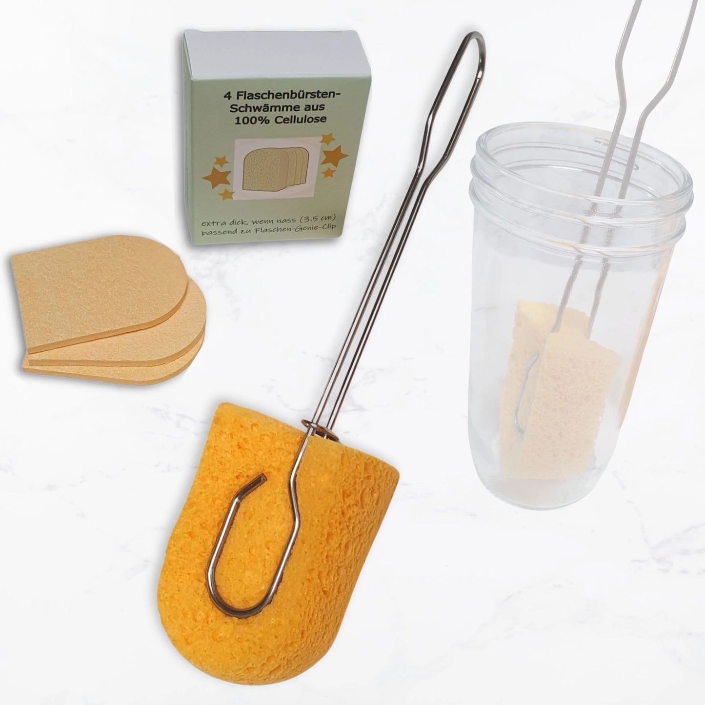 Nachhaltige Faschenbürste mit Edelstahl-Clip und Schwämmen aus Zellulose