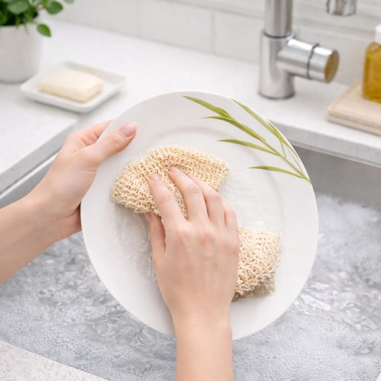 Geschirr abwaschen mit Sisal-Spültuch statt Abwaschbürste