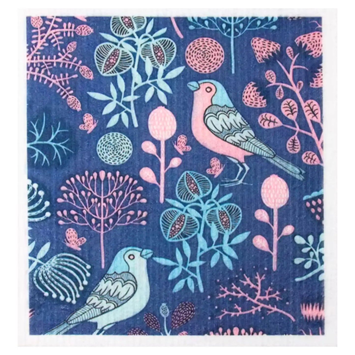 Schwedisches Schwammtuch in blau und rosa mit Vögeln und Pflanzen