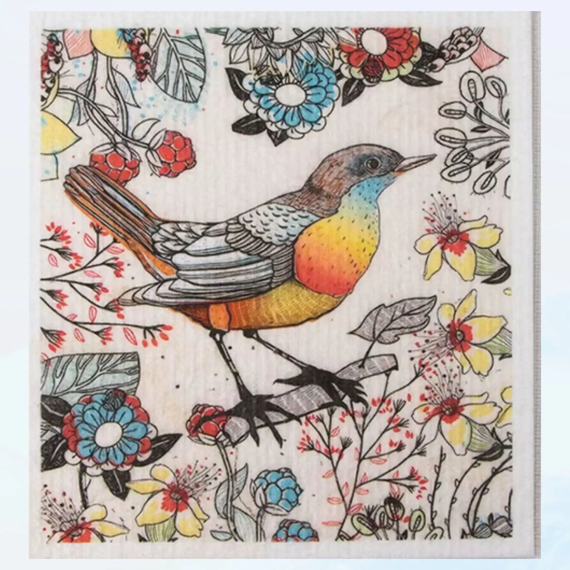 Schwedisches Schwammtuch in weiss mit Blumen und Vogel