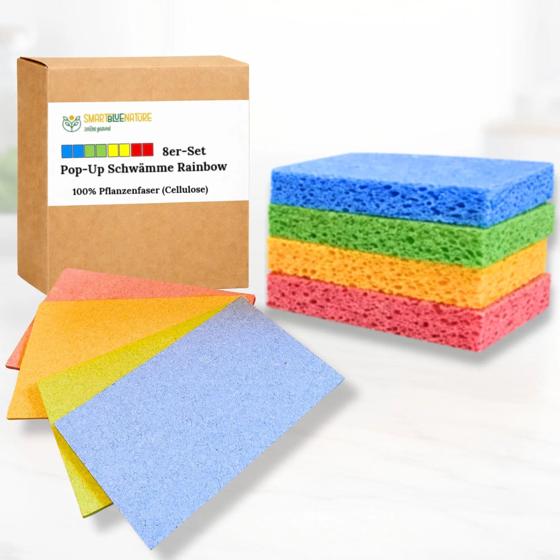 Plastikfreie Pop-Up Reinigungsschwämme aus Cellulose, 8er-Set in den Farben rot, gelb, grün und blau. 