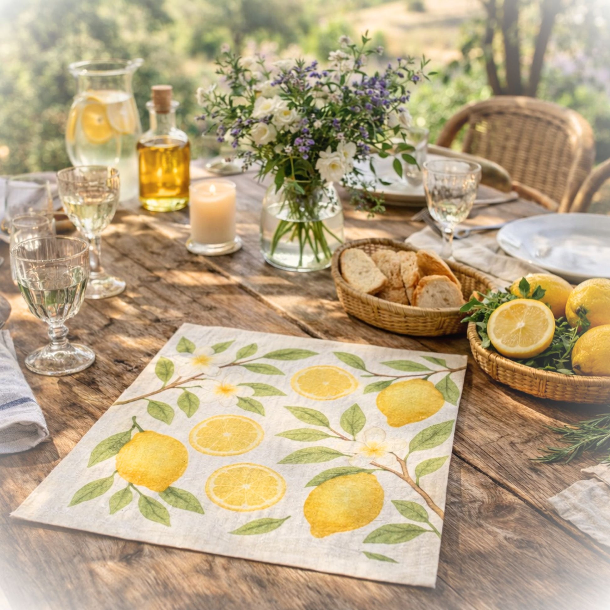 Nachhaltiges Schwammtuch mit Zitronen-Design auf Mediterranem Tisch